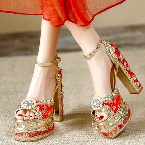 Azalea Wang Aim Cici Ornate Red Gold High Heeled Platform Shoes